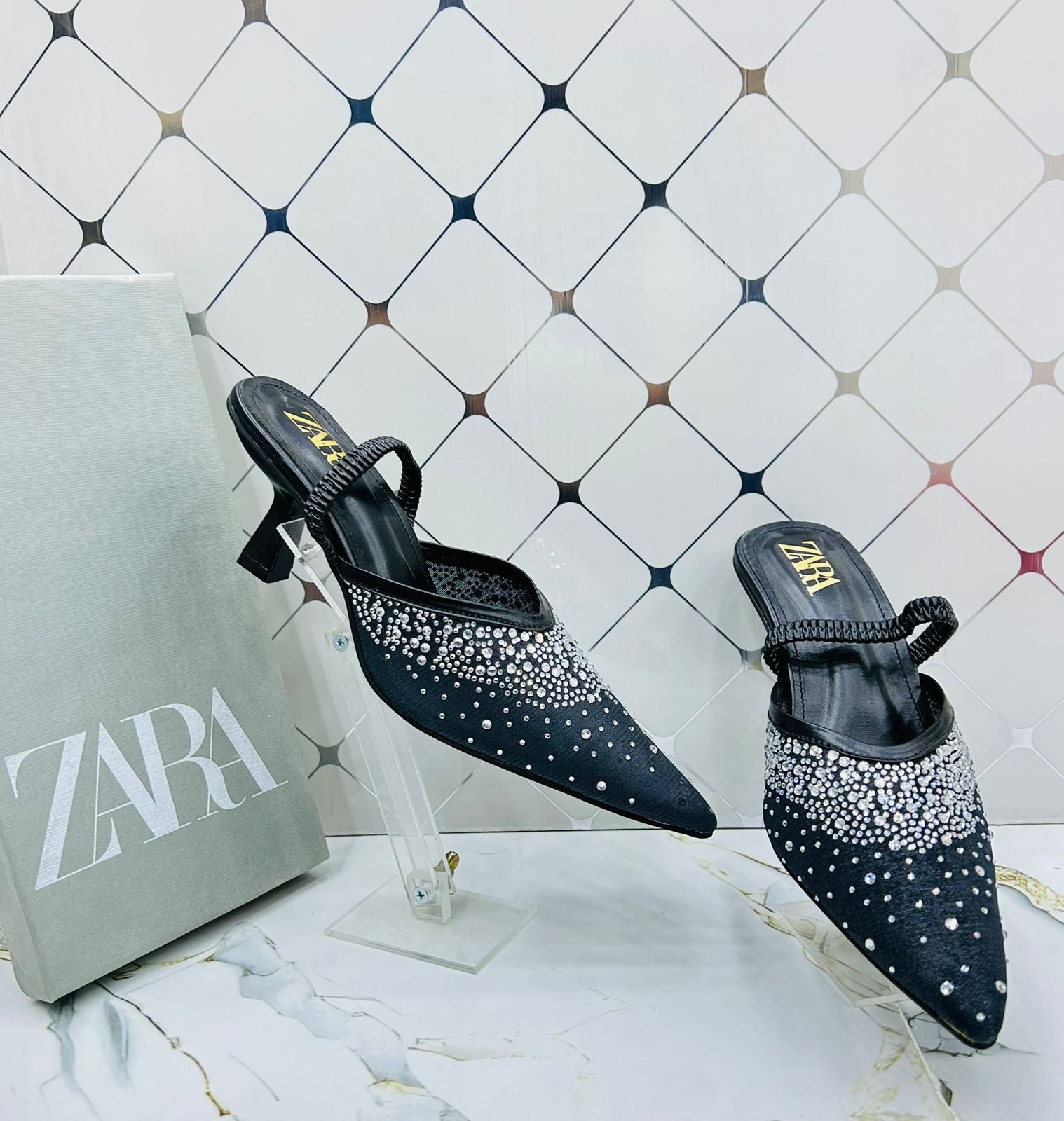 ZARA Crystal Embellished Satin Mule Heels