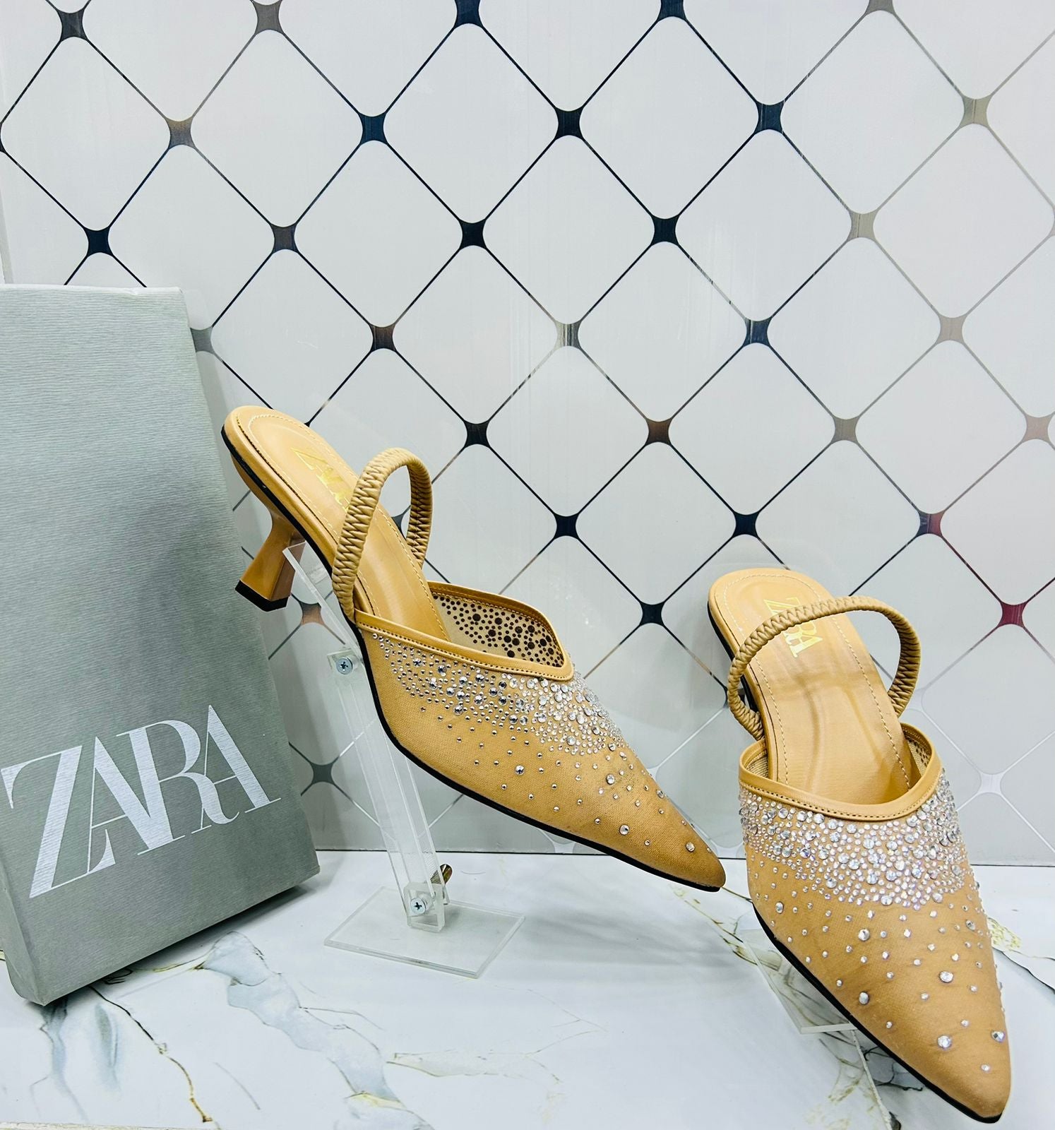 ZARA Crystal Embellished Satin Mule Heels