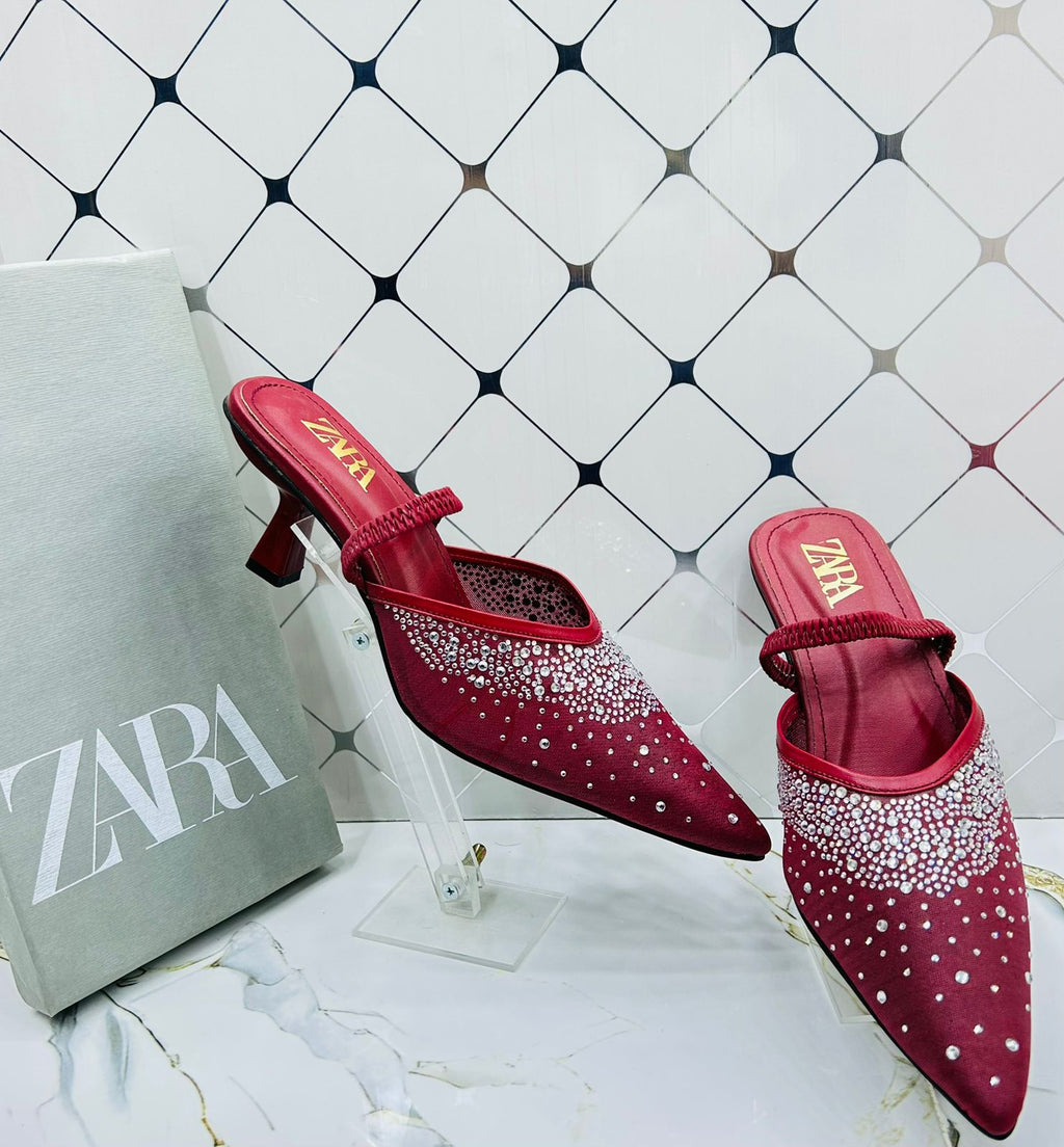 ZARA Crystal Embellished Satin Mule Heels