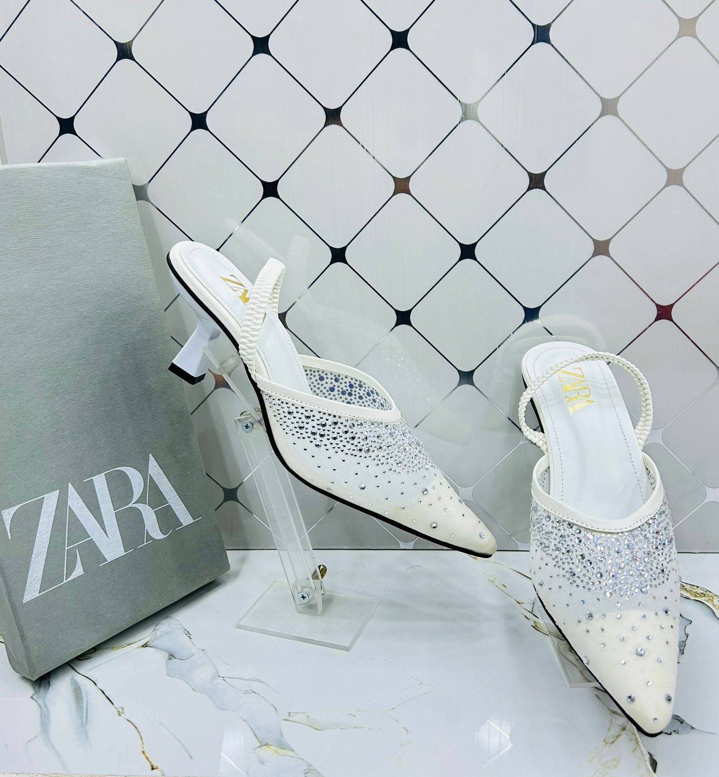 ZARA Crystal Embellished Satin Mule Heels